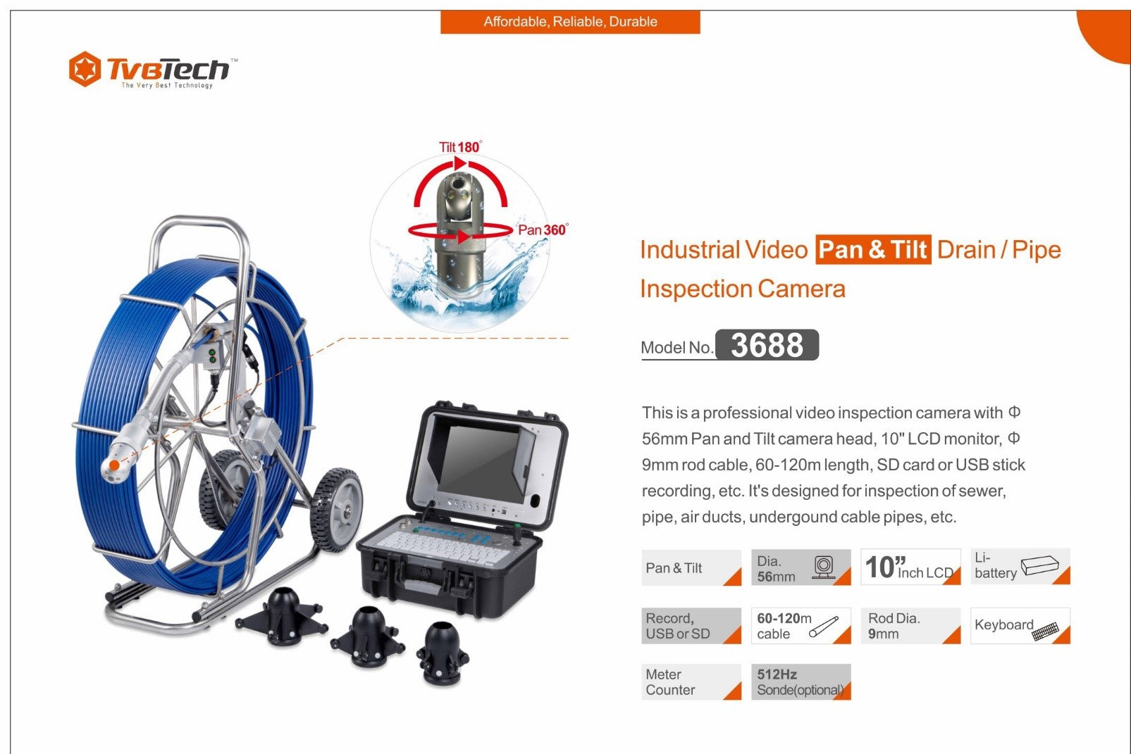 TVBTech 100m Pan & Tilt 3688 Drain / Pipe Inspection Camera